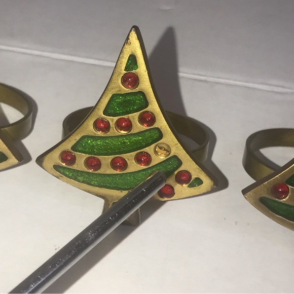 Vintage Napkin Rings Christmas Tree Brass Enamel Set of 4 Red Green Holders - Picture 4 of 8